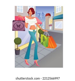 Shopping girl. Fashion girls with shopping bags. Vector illustration.