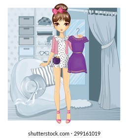 Shopping girl. Fashionable young blond girl with dress in the interior of the store 