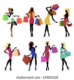 Shopping girl female figure silhouettes with sale bags isolated vector illustration.