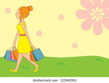 shopping girl with floral background