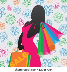 Shopping girl with flowers background