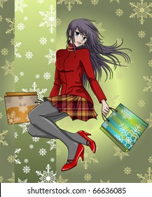 Shopping girl happy in Christmas anime style - background