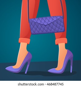Shopping girl in heels holding clutch. Let's go shopping. Vector cartoon illustration