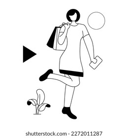 Shopping girl illustration in linear style 