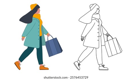 A shopping girl. An illustration of a stylish woman with a shopping bag. A colorful woman going shopping. An outline illustration of a woman doing shopping. Fashion and style.