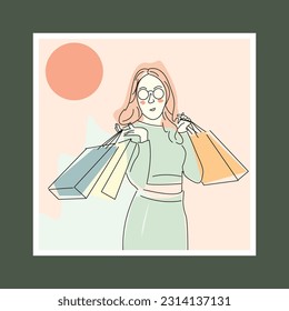 shopping girl line art vector illustration