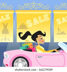 Shopping girl in luxury car goes for sale vector illustration