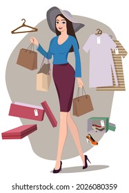 Shopping, the girl measures and buys fashionable clothes. Vector.