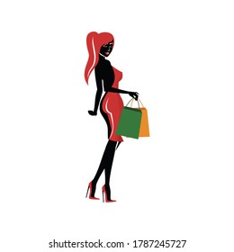 Vector modelo de chica de compras. ilustración de concepto rojo y negro 