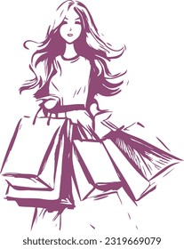 shopping girl with packages after shopping simple vector