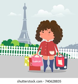 Shopping girl in Paris, flat vector illustration.