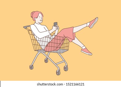 Shopping girl, sale, discounts concept. Young happy woman or girl in a wonderful mood sitting in a shopping cart looking at the phone. Cute smiling lady takes a selfie. Simple flat vector.