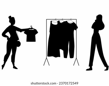 Shopping Girl silhouette icon set, flat vector illustration, woman choosing clothes