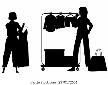 Shopping Girl silhouette icon set, flat vector illustration, woman choosing clothes