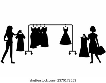 Shopping Girl silhouette icon set, flat vector illustration, woman choosing clothes