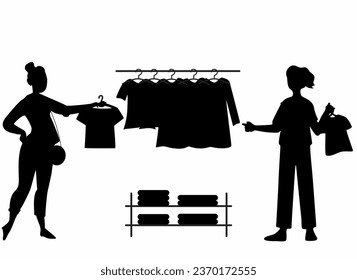 Shopping Girl silhouette icon set, flat vector illustration, woman choosing clothes