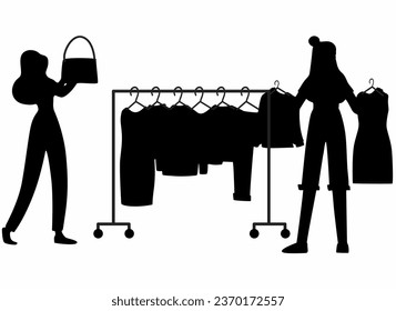 Shopping Girl silhouette icon set, flat vector illustration, woman choosing clothes