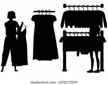 Shopping Girl silhouette icon set, flat vector illustration, woman choosing clothes