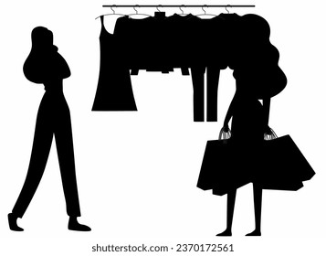 Shopping Girl silhouette icon set, flat vector illustration, woman choosing clothes