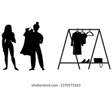 Shopping Girl silhouette icon set, flat vector illustration, woman choosing clothes