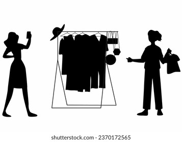 Shopping Girl silhouette icon set, flat vector illustration, woman choosing clothes