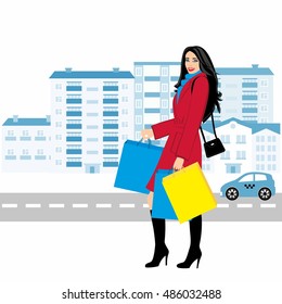 Shopping girl - Stock Illustration. fashionable girl against the backdrop of the city  with purchases for your design