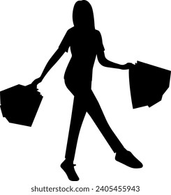 shopping girl with two shopping bag vector silhouette illustration black color