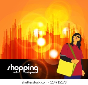 Shopping girl. Urban background. Vector illustration
