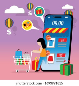 Shopping girl walking out of mobile, Online Shopping vector illustration.