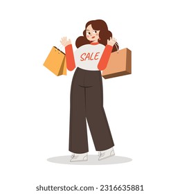 Shopping girl wears sale shirt holding bags