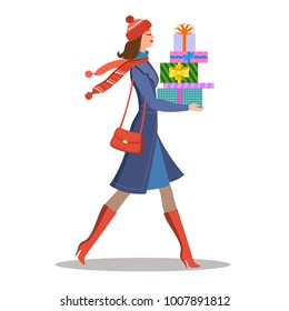 Shopping girl. Woman with colourful gift boxes. Sale and shopping concept. Vector illustration, eps 10