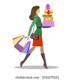 Shopping girl. Woman with colourful gift boxes and shopping bags. Sale and shopping concept. Vector illustration, eps 10