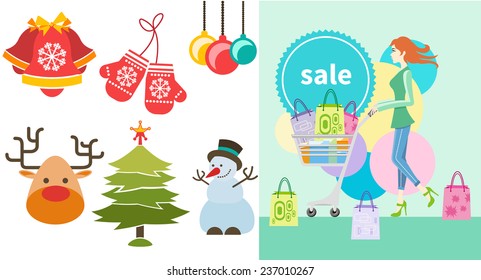 Shopping girl woman with trolley showing shopping bag with sale written on lable. Christmas and New Year icons bell gloves balls tree and snowman in cartoon design style