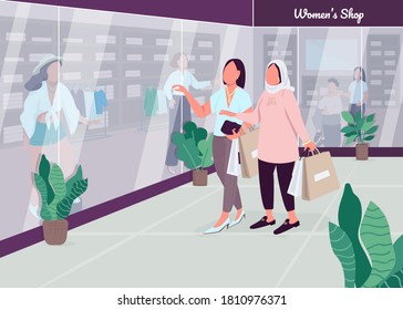 Comprar con novias ilustraciones vectoriales de color plano. Manejo femenino. Tienda de moda. Siguiendo las tendencias de moda caricaturas 2D personajes sin rostro con ropa interior emporio en el fondo