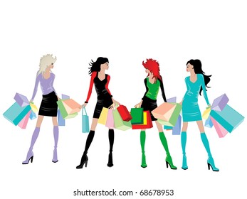 Illustration Girls Carrying Shopping Bags Running Stock Vector (Royalty ...