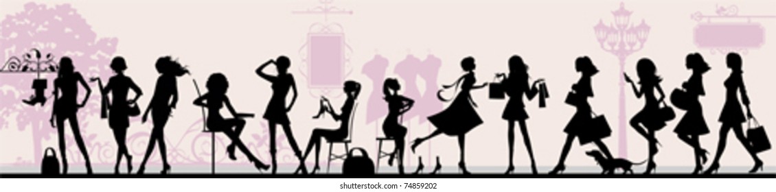 Shopping girls. All elements and textures are individual objects. Vector illustration scale to any size.