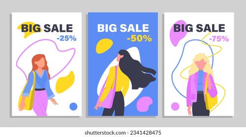 Shopping girls banner set. Discounts and promotions, special and limited offer. Electronic commerce and marketing. Women with bags. Cartoon flat vector collection isolated on grey background