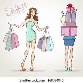  shopping girls fashion sale cartoon vector illustration