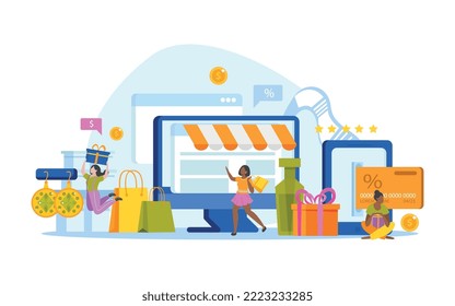 Compra de niñas fondo plano con composición de tableta computadora con cajas de regalo de escaparate y caracteres femeninos ilustración vectorial