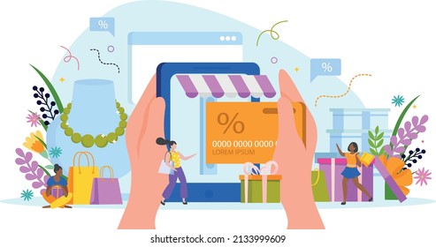 Shopping girls flat composition with female hands holding discount club card with colorful goods on sale vector illustration