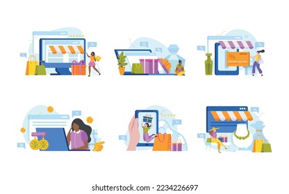 Shopping girls flat flowchart with compositions of shop icons goods and people connected with dashed line vector illustration