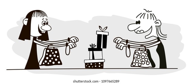 Shopping girls. Funny vector. Hand drawn vector