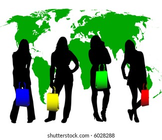 shopping girls on the world background