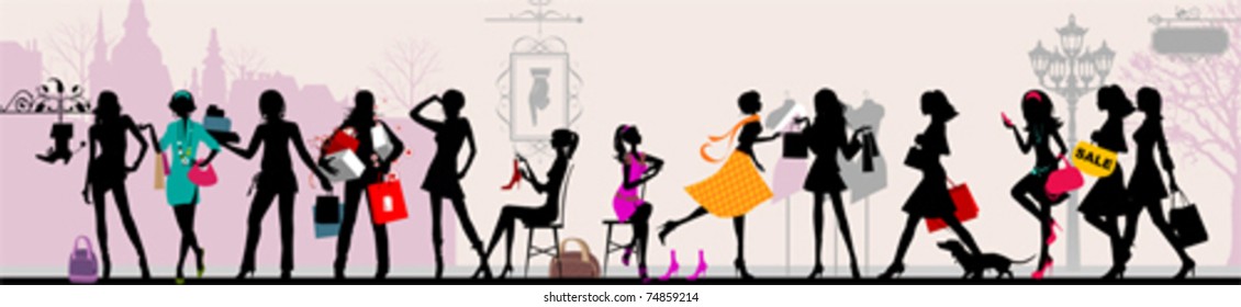 Shopping girls, Paris.  All elements and textures are individual objects. Vector illustration scale to any size.