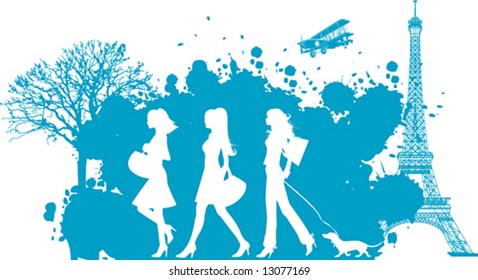 Shopping girls, Paris, vector illustration