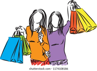 SHOPPING GIRLS TOGETHER CREDIT CARD VECTOR ILLUSTRATION