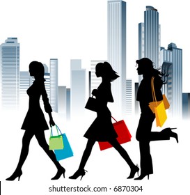 Shopping girls. Urban background. Vector illustration.