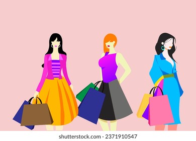 shopping girls vector illustration  with pink background