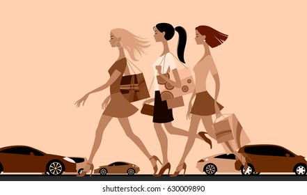 Shopping girls walking down the street with cars. Urban life concept vector illustration in flat style in monochrome colors