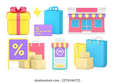 Shopping goods purchase internet store order sale discount special offer set 3d icon realistic vector illustration. Shop financial business market promo price off buying e commerce credit card payment